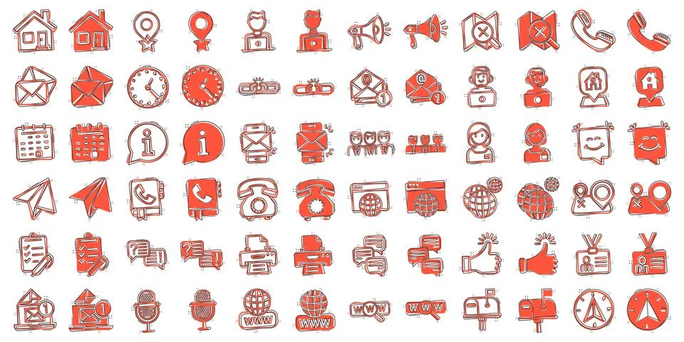 Contact us icon set in comic style. Mobile communication cartoon vector illus Stock-Illustration
