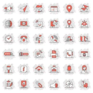 Contact us icon set in comic style. Mobile communication cartoon vector illus Illustrazione stock