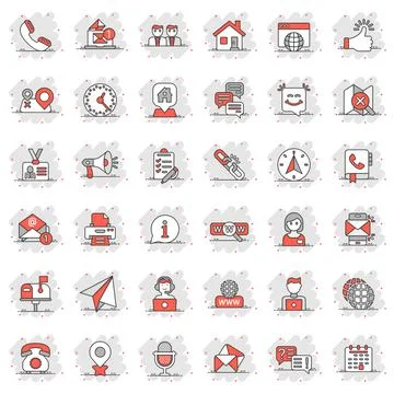 Contact us icon set in comic style. Mobile communication cartoon vector illus Illustrazione stock
