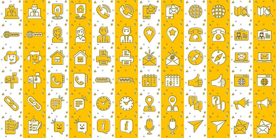 Contact us icon set in comic style. Mobile communication cartoon vector illus 스톡 일러스트