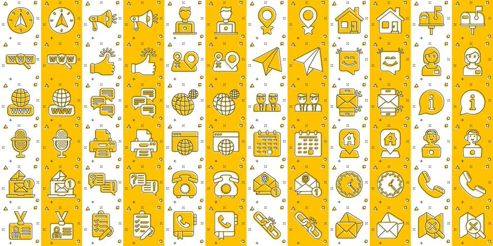 Contact us icon set in comic style. Mobile communication cartoon vector illus Stock-Illustration