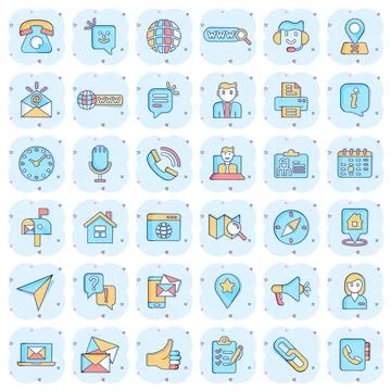 Contact us icon set in comic style. Mobile communication cartoon vector illus Illustrazione stock