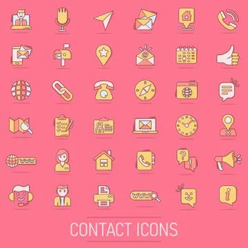 Contact us icon set in comic style. Mobile communication cartoon vector ill.. Stock Illustration