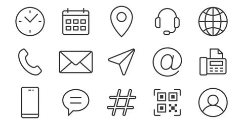 Contact us line icon set. Date, time, location, work hours, call center, qr code Stock Illustration