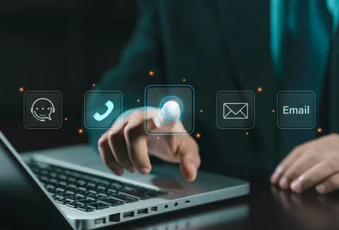 Contact us or the customer support hotline to connect. Businessman touching.. Stock Photos