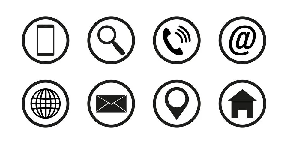 Contact us . Set of flat icon. Web vector illustration. Black buttons on whit Stock Illustration