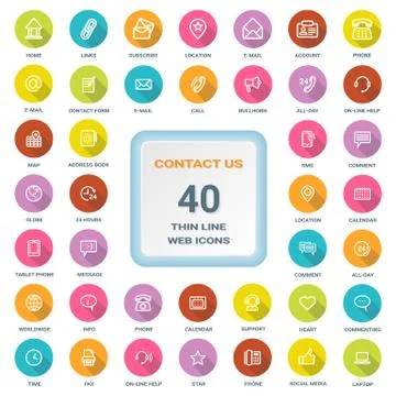 Contact Us - Set Of Round Flat Thin Line Web Icons Isolated On A White Stock Illustration