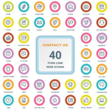 Contact Us - Set Of Thin Line Web Icons On A Circle Bordered Shields Isolated On Stock Illustration