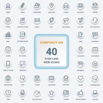 Contact Us - Set Of White Round Flat Thin Line Web Icons Isolated On A Stock Illustration