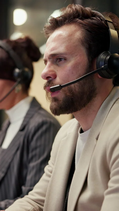 Contact us, speaking and man in call center for customer support, banking Stock Footage 342780119