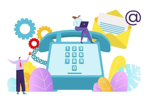 Contact us support service, tiny character sitting landline phone work laptop 스톡 일러스트