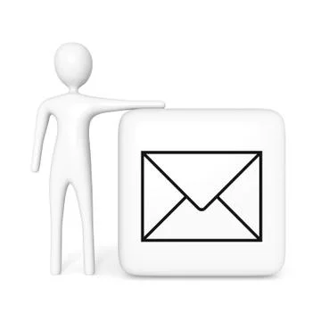 Contact us: white mail cube with white 3d man, 3d illustration Stock Illustration