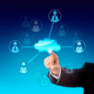 Contacting Office Workers Via The Cloud Stock Photos