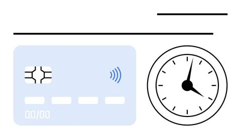 Contactless card beside clock indicating quick transactions. Ideal for financ Stock Illustration