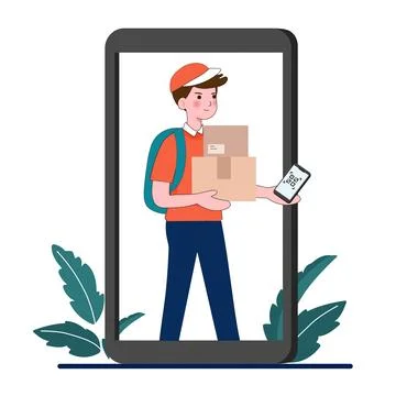 Contactless cashless payment with qr code on mobile phone for delivery shopping Stock Illustration