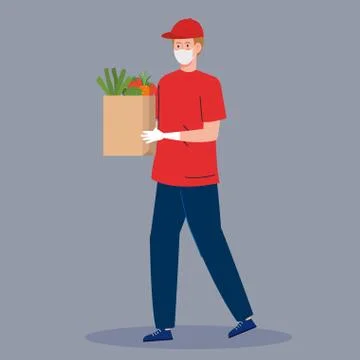 Contactless delivery, courier worker using face mask Illustrazione stock