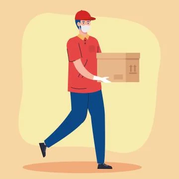 Contactless delivery, courier worker using face mask Illustrazione stock