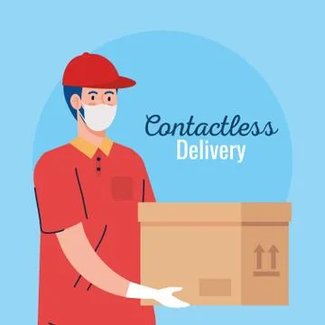 Contactless delivery, courier worker using face mask 스톡 일러스트