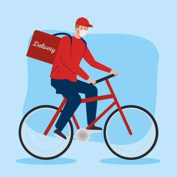 Contactless delivery, courier worker using face mask in bike Stock Illustration