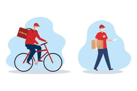 Contactless delivery, courier workers using face mask in bike Illustrazione stock