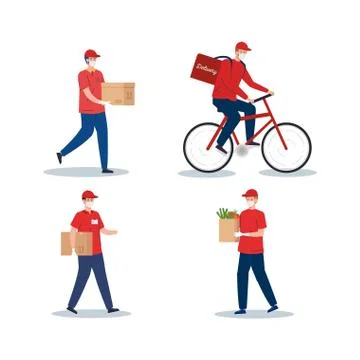 Contactless delivery, courier workers using face mask in bike Illustrazione stock