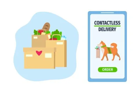 Contactless delivery via mobile application. Non-contact courier service. Stock Illustration