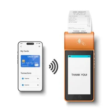 Contactless Mobile Payment with Smartphone and Orange POS Terminal, 3d Real.. 스톡 일러스트
