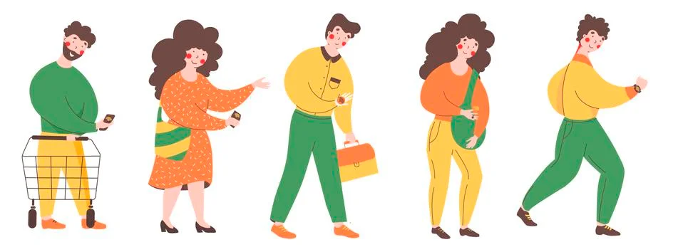 Contactless NFC payment, electronic queue, Cartoon vector people set Stock Illustration