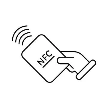 Contactless NFC wireless pay with holding card in hand sign logo. Stock Illustration