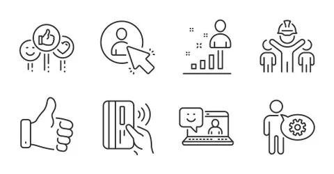 Like, Contactless payment and Engineering team icons set. Smile, User and Like Illustrazione stock