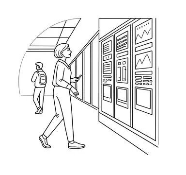 Contactless payment and smart vending machine vector line illustration with woma Illustrazione stock