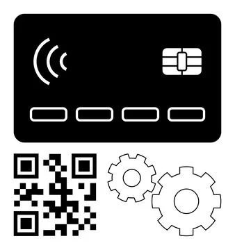 Contactless payment card, QR code, and gears symbolizing technology, automati Stock Illustration