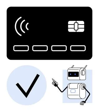 Contactless Payment Card with Robot Assistant and Check Mark for Security a.. Stock Illustration