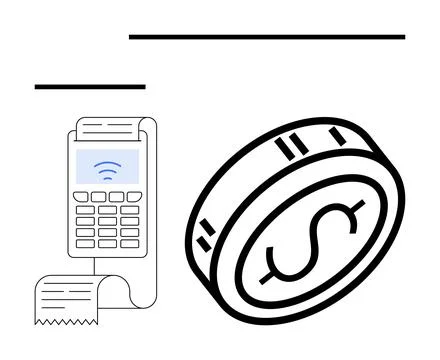 Contactless Payment Concept Featuring POS System with Paper Receipt and Coin Stock Illustration