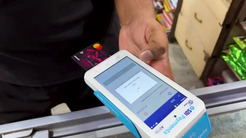 Contactless payment device during online retail billing process Stock Footage 336007846