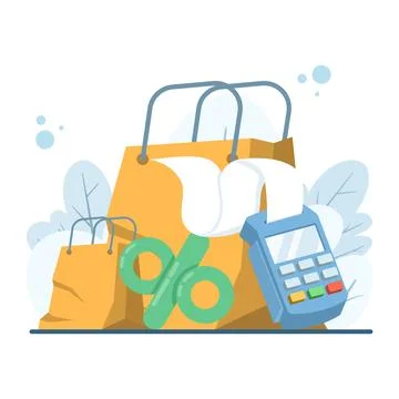 Contactless payment illustration with POS machine, card, and invoice. Иллюстрация