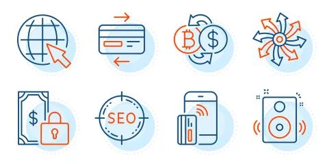 Contactless payment, Internet and Versatile icons set. Credit card, Bitcoin Stock Illustration