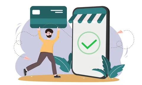 Contactless payment. Payment Using Credit Card Pay On Mobile Phone. Online Stock Illustration