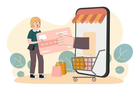 Contactless payment. Payment Using Credit Card Pay On Mobile Phone. Online Stock Illustration