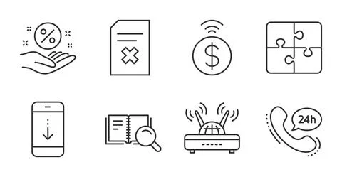 Contactless payment, Puzzle and Delete file icons set. 24h service, Scroll down Stock Illustration