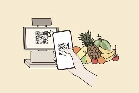 Contactless payment with QR code concept. Human Hand holding smartphone scanning Stock Illustration