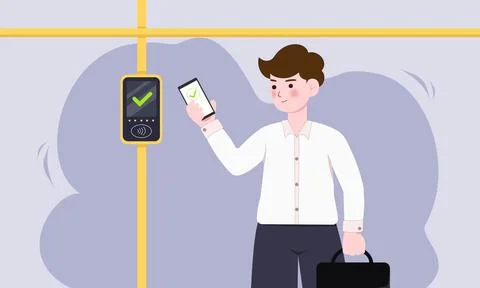 Contactless payment service for ticket vector illustration. Cartoon man Stock Illustration