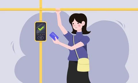 Contactless payment service for ticket vector illustration. Cartoon female Stock Illustration
