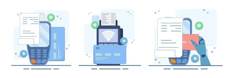 Contactless payment set featuring a hand holding a bank card near a POS terminal Stock Illustration