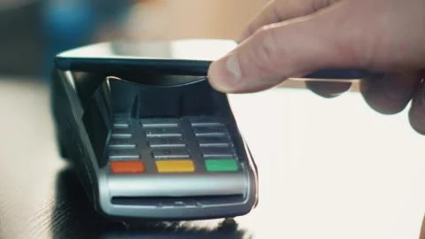 Contactless payment with smartphone with NFC technlogy. Stock Photos