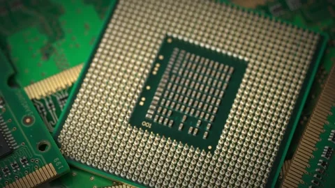 Contacts and microcircuits computer processor, slide shooting. cpu computer. Mem Stock Footage 148611188