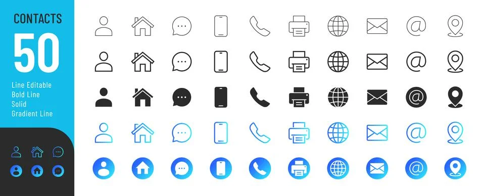 Contacts line Editable, Bold Line, Gradient Line, and Solid Icons set. Stock Illustration