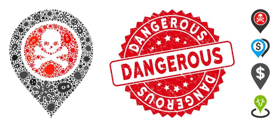 Contagion Collage Dangerous Zone Pointer Icon with Grunge Round Dangerous Seal Illustrazione stock