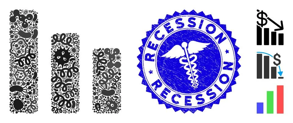 Contagious Mosaic Bar Chart Decrease Icon with Medicine Scratched Recession Seal Stock Illustration