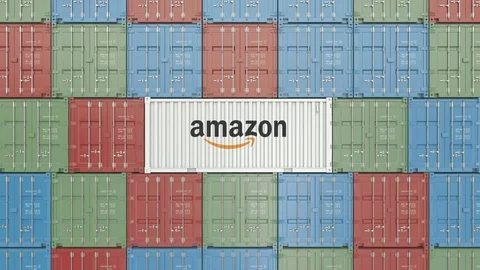 Container with Amazon corporate logo transportation. Editorial animation Stock Footage 104950364